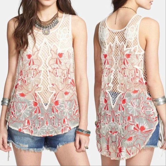 Free People Meadow Festival Tank Top in cream and red embroidery size Medium. - Picture 1 of 7